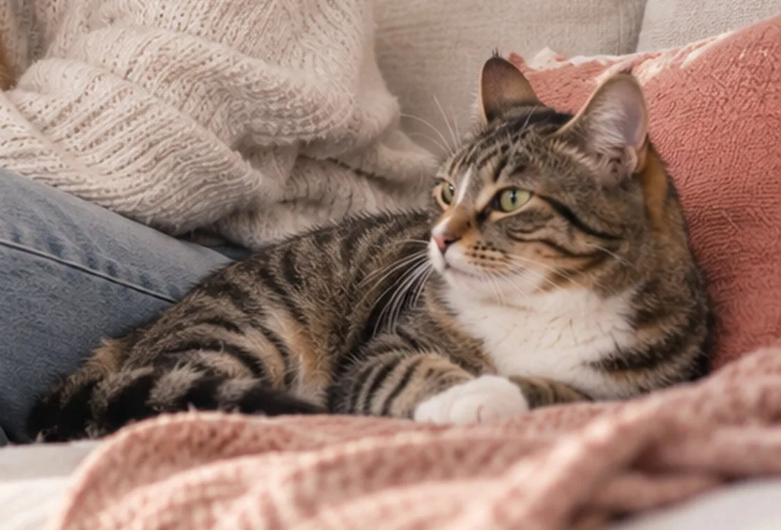 Cat resting beside a person on a sofa