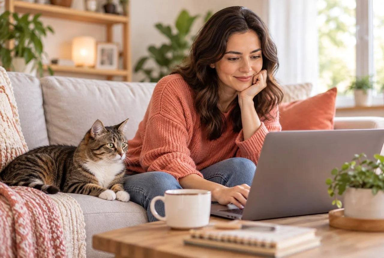 Owner reviewing a laptop with a tabby cat beside her